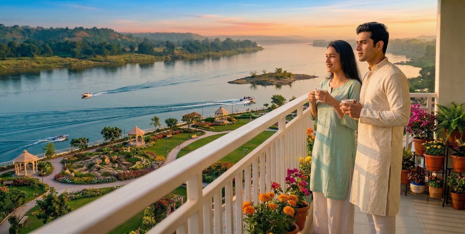 Krishna River setting and landscaped surroundings